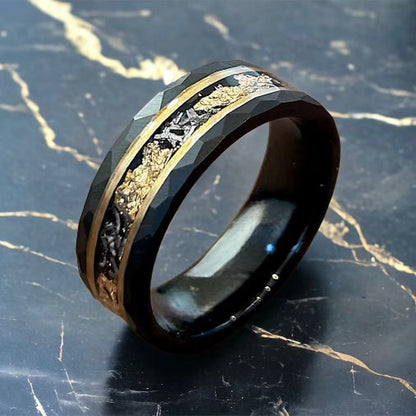 The Astralis – 8mm Tungsten Ring with Meteorite & Metal Leaf Inlay-Discover cosmic elegance with our 8 mm faceted tungsten ring featuring rare meteorite and your choice of silver, gold or rose-gold leaf inlay. Shop now.