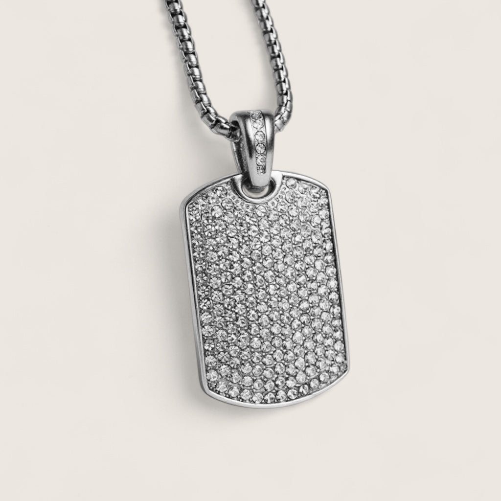 Silver dog tag pendant with chain on a light gray background