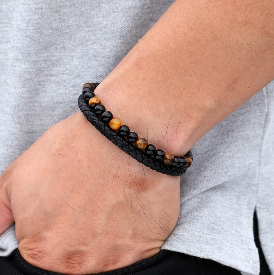 The Forge Duo - Leather Gemstone Bracelet-Elevate your look with the Forge Duo Bracelet. Braided black leather and genuine gemstone beads with a sleek steel slide clasp. Bold, modern style. Shop now.
