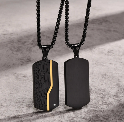 The Shadowstrike – Steel Dog Tag Necklace-Turn heads in The Shadowstrike: dual-tone stainless steel dog tag necklace with IP black & gold plating, textured finish, & CZ accent on a 24" chain.
