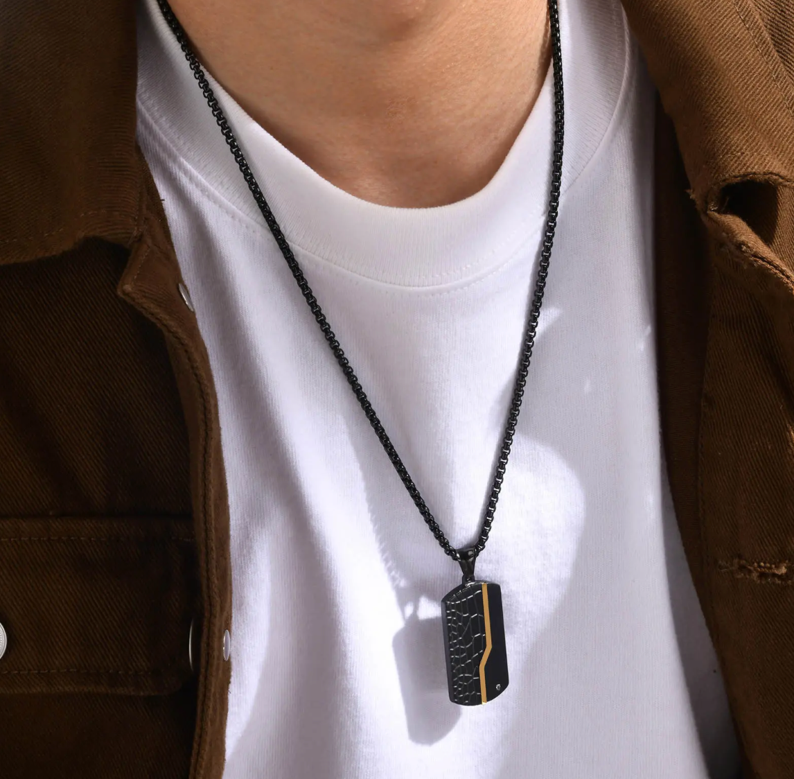 The Shadowstrike – Steel Dog Tag Necklace-Turn heads in The Shadowstrike: dual-tone stainless steel dog tag necklace with IP black & gold plating, textured finish, & CZ accent on a 24" chain.