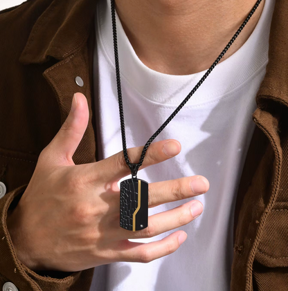 The Shadowstrike – Steel Dog Tag Necklace-Turn heads in The Shadowstrike: dual-tone stainless steel dog tag necklace with IP black & gold plating, textured finish, & CZ accent on a 24" chain.