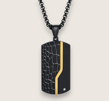 The Shadowstrike – Steel Dog Tag Necklace-Turn heads in The Shadowstrike: dual-tone stainless steel dog tag necklace with IP black & gold plating, textured finish, & CZ accent on a 24" chain.