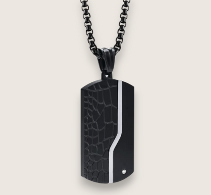 The Shadowstrike – Steel Dog Tag Necklace-Turn heads in The Shadowstrike: dual-tone stainless steel dog tag necklace with IP black & gold plating, textured finish, & CZ accent on a 24" chain.
