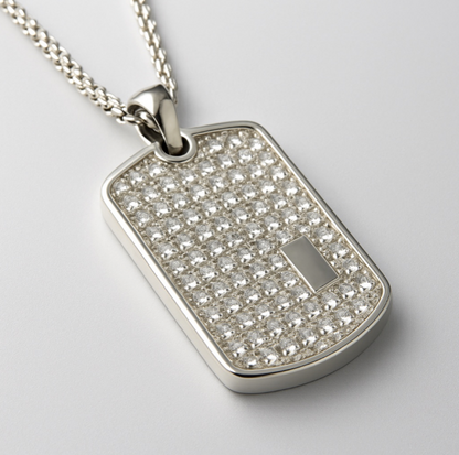 The Glacier Tag – Iced Dog Tag Necklace-Make an entrance with the Glacier Tag Necklace. Bold steel dog tag fully iced with CZ stones on a 24" box chain. Maximum brilliance and style. Shop now.