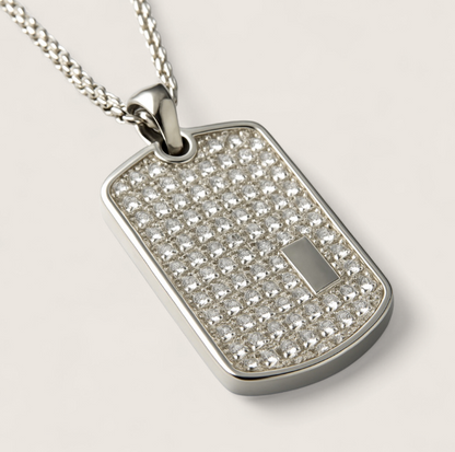 The Glacier Tag – Iced Dog Tag Necklace-Make an entrance with the Glacier Tag Necklace. Bold steel dog tag fully iced with CZ stones on a 24" box chain. Maximum brilliance and style. Shop now.