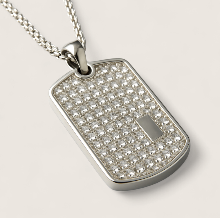 The Glacier Tag – Iced Dog Tag Necklace-Make an entrance with the Glacier Tag Necklace. Bold steel dog tag fully iced with CZ stones on a 24" box chain. Maximum brilliance and style. Shop now.