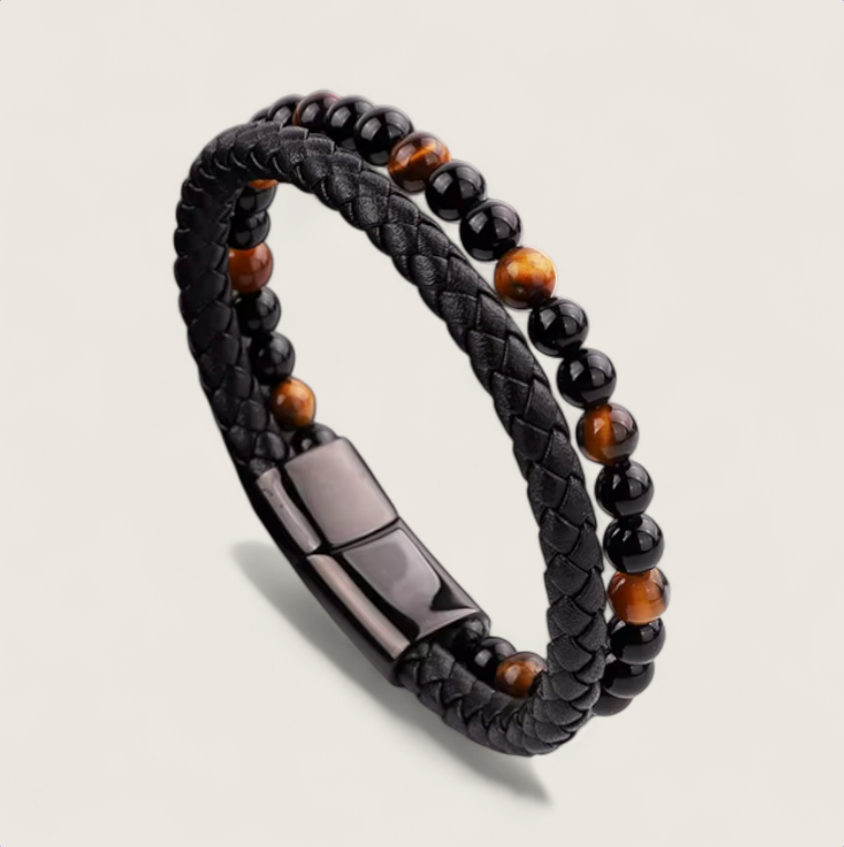 The Forge Duo - Leather Gemstone Bracelet-Elevate your look with the Forge Duo Bracelet. Braided black leather and genuine gemstone beads with a sleek steel slide clasp. Bold, modern style. Shop now.