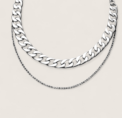 Cascade Duo – Polished Steel Layered Necklace-Make a statement with the Cascade Curb Duo. Three polished steel curb chains layer bold shine and depth for dynamic, dimensional style. Shop now.