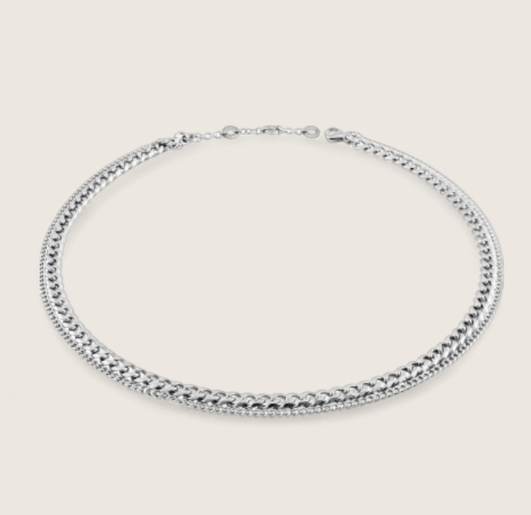 Cascade Duo – Polished Steel Layered Necklace-Make a statement with the Cascade Curb Duo. Three polished steel curb chains layer bold shine and depth for dynamic, dimensional style. Shop now.