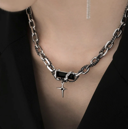 Night Star Surge - Chain Woven Necklace-Fuel your look with the Night Star Surge Necklace. Polished steel and oxidized chain with bold black CZ pendant. Striking contrast and energy. Shop now.