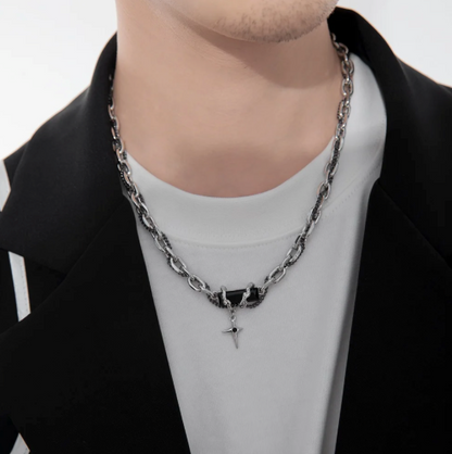 Night Star Surge - Chain Woven Necklace-Fuel your look with the Night Star Surge Necklace. Polished steel and oxidized chain with bold black CZ pendant. Striking contrast and energy. Shop now.