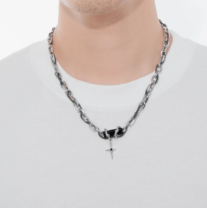 Night Star Surge - Chain Woven Necklace-Fuel your look with the Night Star Surge Necklace. Polished steel and oxidized chain with bold black CZ pendant. Striking contrast and energy. Shop now.