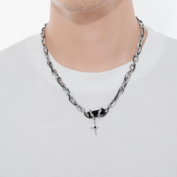 Night Star Surge - Chain Woven Necklace-Fuel your look with the Night Star Surge Necklace. Polished steel and oxidized chain with bold black CZ pendant. Striking contrast and energy. Shop now.