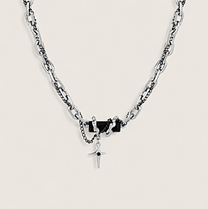 Night Star Surge - Chain Woven Necklace-Fuel your look with the Night Star Surge Necklace. Polished steel and oxidized chain with bold black CZ pendant. Striking contrast and energy. Shop now.
