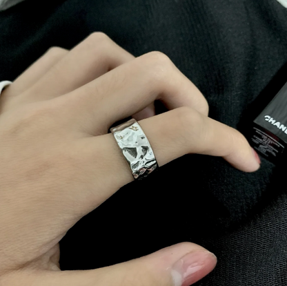Static Ice Surge - Hammered Ring-Unleash raw energy with the Irregular hammered Ring. 316L steel, bold undulating texture, rebellious style—crafted for those who break the mold. Shop now.
