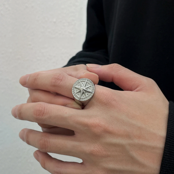 The Runic Voyager - Compass Signet-Channel Norse spirit with the Runic Voyager Signet. Raised compass and runic band in polished steel or gold. Ancient craft meets modern style. Shop now.