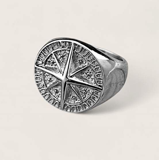 The Runic Voyager - Compass Signet-Channel Norse spirit with the Runic Voyager Signet. Raised compass and runic band in polished steel or gold. Ancient craft meets modern style. Shop now.