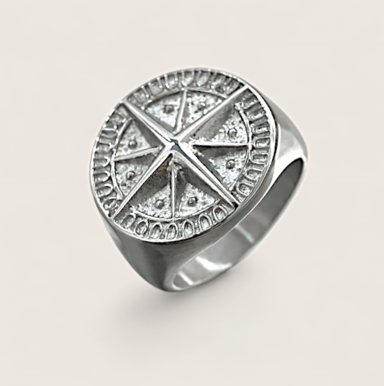 The Runic Voyager - Compass Signet-Channel Norse spirit with the Runic Voyager Signet. Raised compass and runic band in polished steel or gold. Ancient craft meets modern style. Shop now.