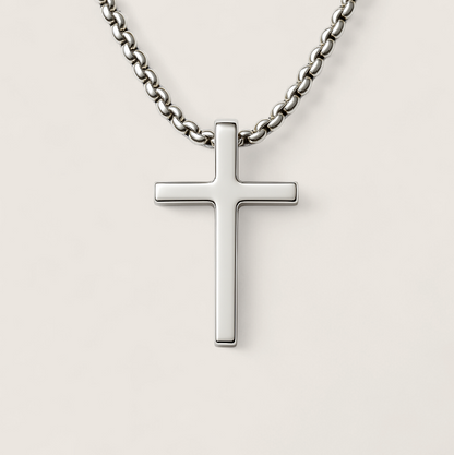 The Forge Cross - Slider Necklace-Minimalist stainless steel cross on box chain. High-polish steel or matte black finish. Built for daily wear with bold, modern style. Shop now.