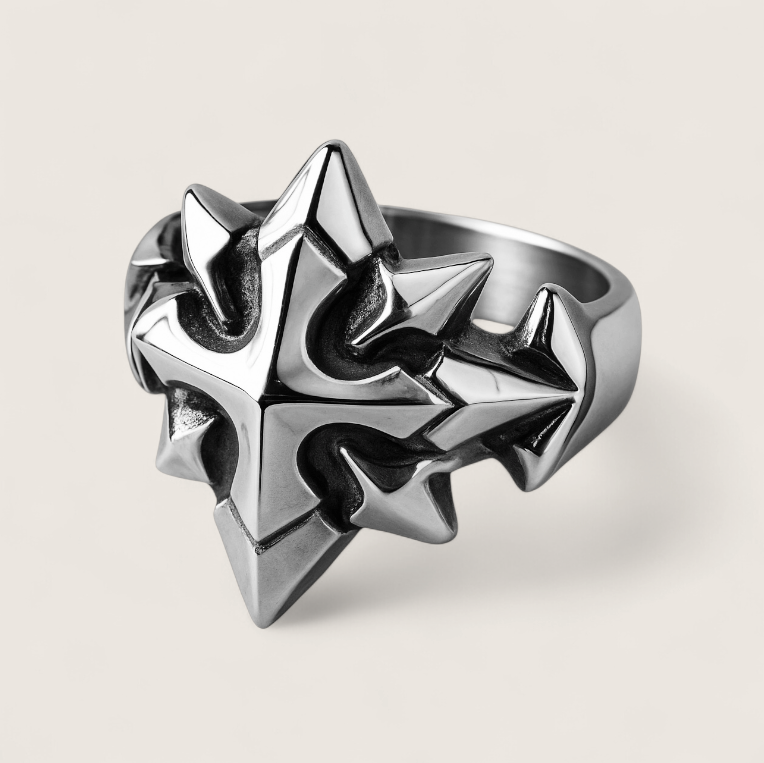 Starbreaker Ring - Statement Star Steel Ring-Channel raw cosmic energy with the Starbreaker Ring. Polished steel, jagged, fragmented design—bold symbol of power and conquest. Shop now.