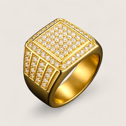 The Sovereign – 18 mm Iced Signet Ring-Elevate your look with the Sovereign Signet Ring. 18mm steel top pavé-set with CZ stones. Polished silver or gold finish. Bold, brilliant style. Shop now.