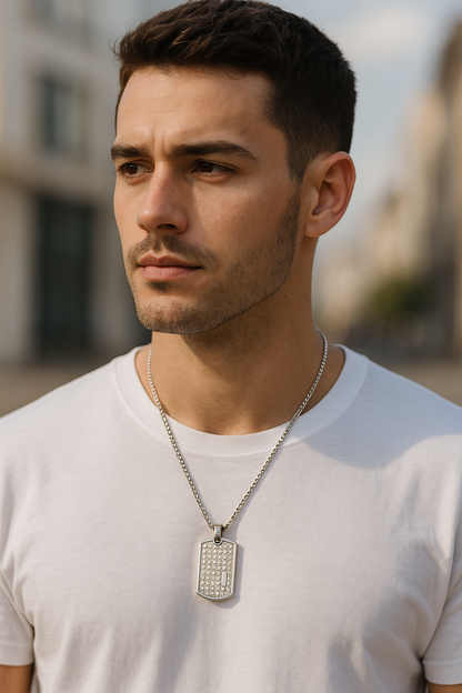 The Glacier Tag – Iced Dog Tag Necklace-Make an entrance with the Glacier Tag Necklace. Bold steel dog tag fully iced with CZ stones on a 24" box chain. Maximum brilliance and style. Shop now.