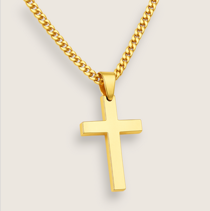 The Guardian – Cross Necklace-Discover the Men’s Smooth Cross Necklace: mirror-polished stainless steel (20 × 35 mm) on a 24″ chain. Tarnish-resistant shine—shop at Anvil&Ore.