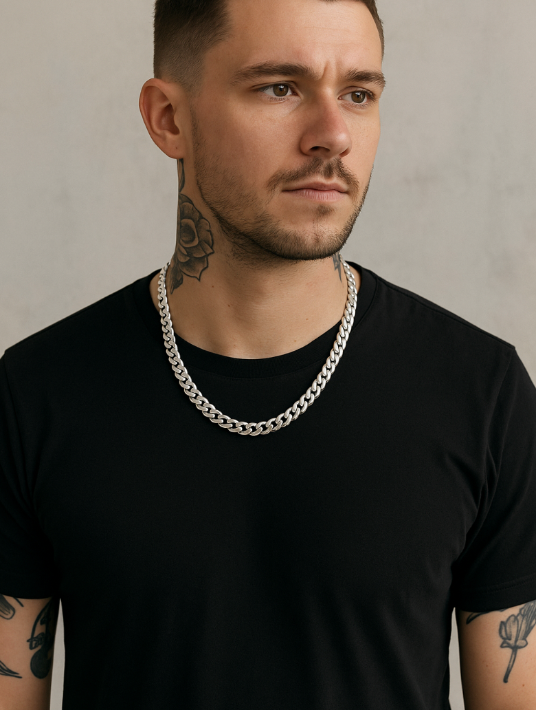 The Argent Curb – 5.8mm Sterling Silver Chain-5.8mm solid sterling silver curb chain. Polished flat links, crafted in Italy. Clean, bold silhouette—perfect solo or layered. Shop now.