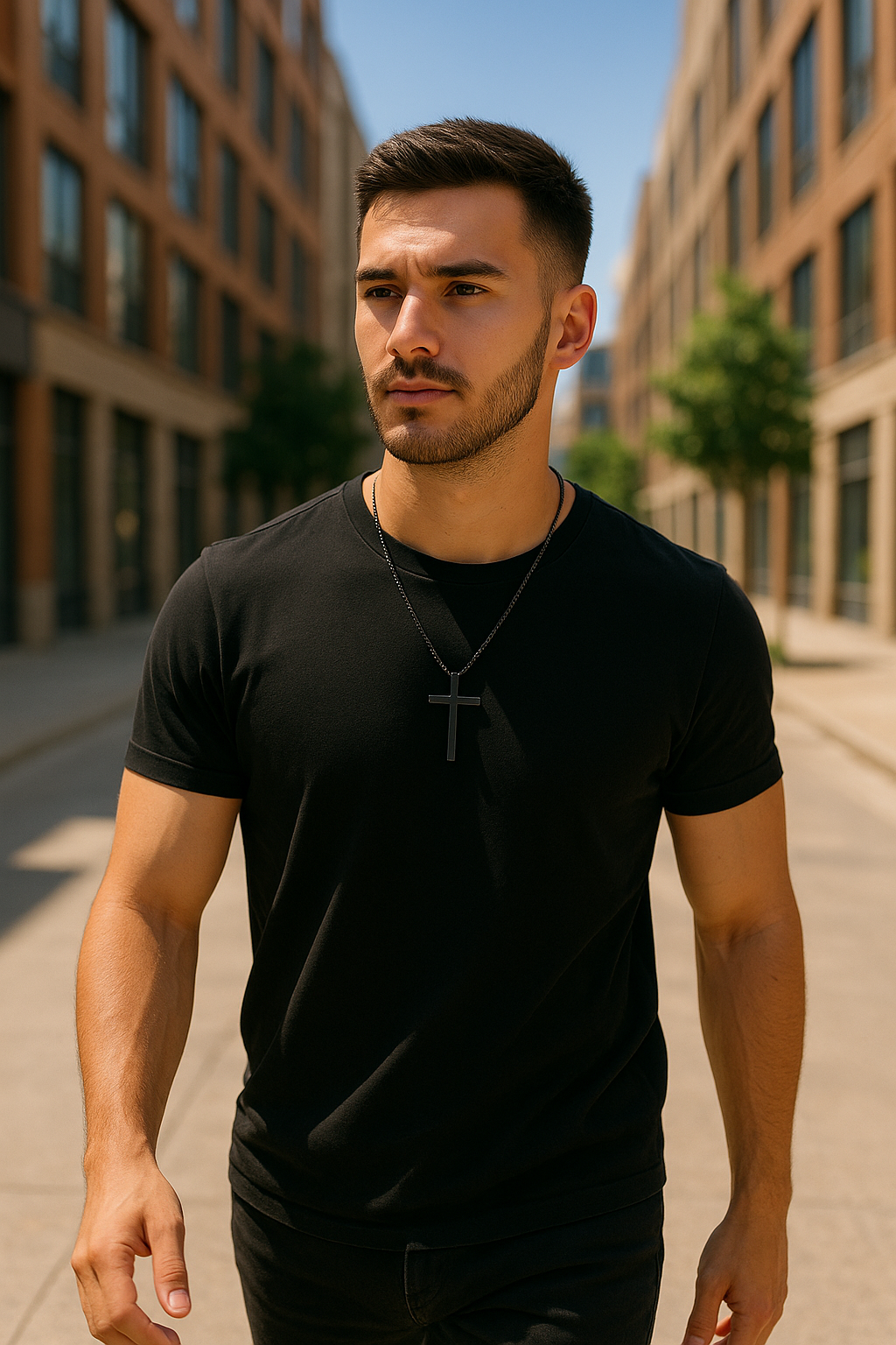 The Forge Cross - Slider Necklace-Minimalist stainless steel cross on box chain. High-polish steel or matte black finish. Built for daily wear with bold, modern style. Shop now.
