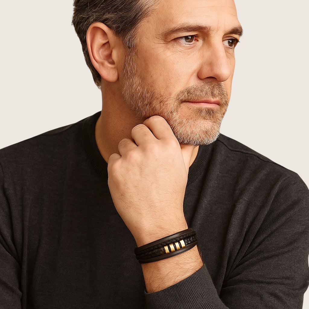The IronPattern – Leather & Steel Bracelet-Triple-layer leather with a bold steel centerpiece. Rugged texture meets modern precision. Forge your look.