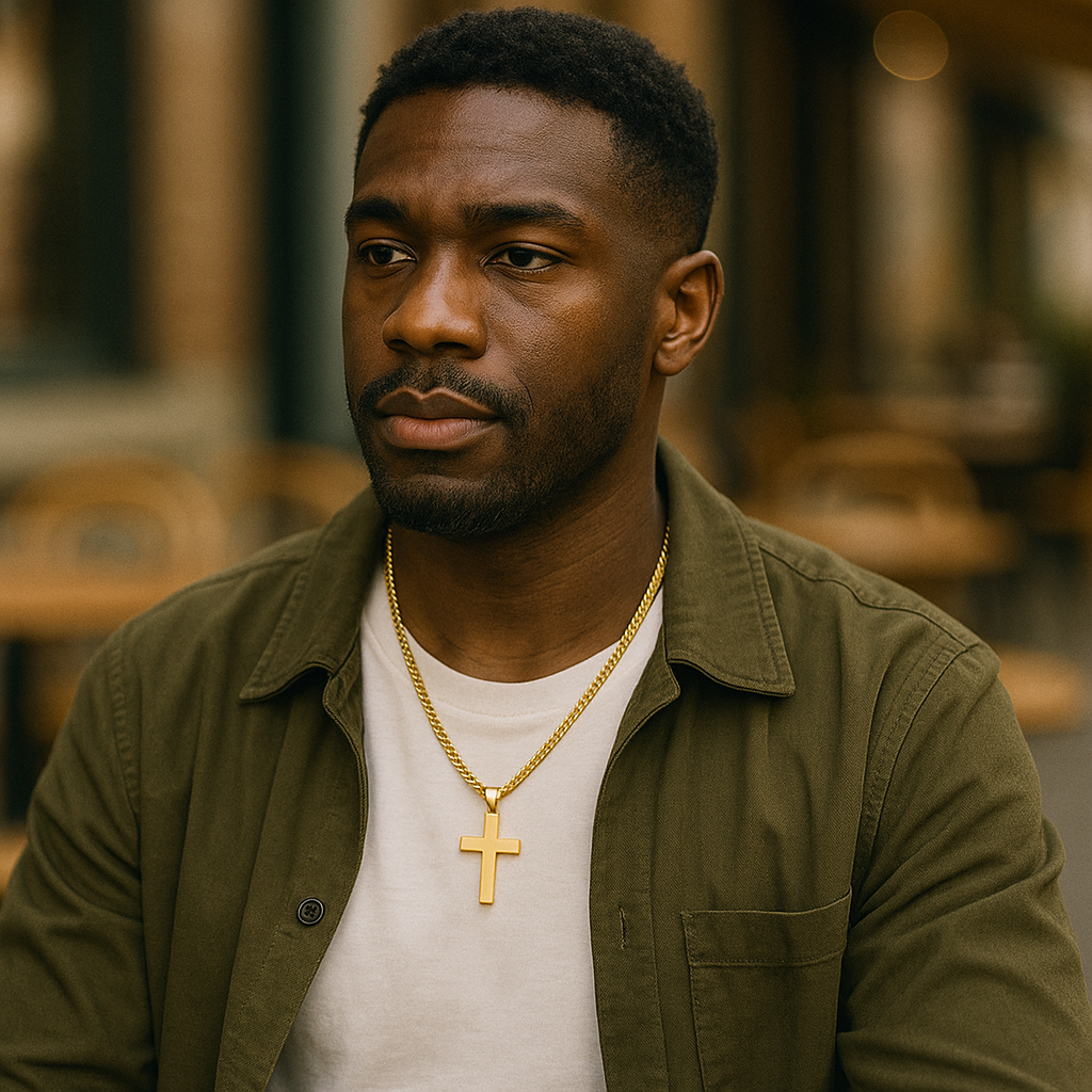 The Guardian – Cross Necklace-Discover the Men’s Smooth Cross Necklace: mirror-polished stainless steel (20 × 35 mm) on a 24″ chain. Tarnish-resistant shine—shop at Anvil&Ore.