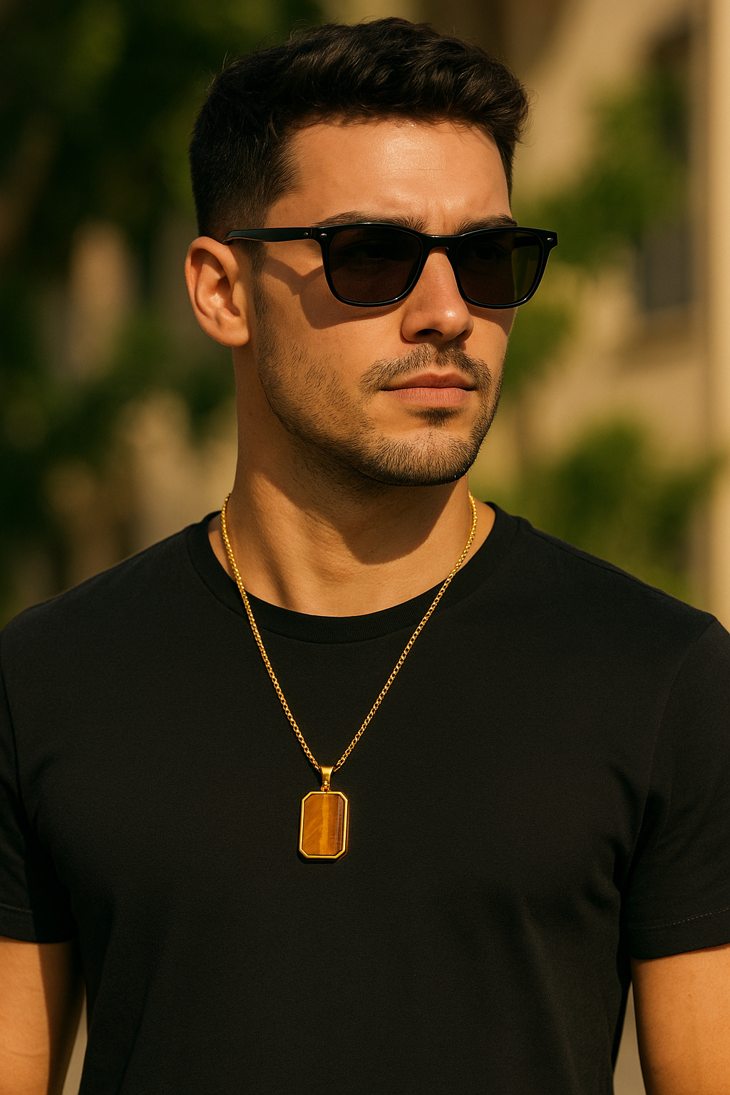 The Aegis - Tiger Eye Dog tag Necklace-Channel nature’s power with the Aegis Pendant. Tiger eye stone set in polished, gold, or matte black steel. Bold geometric style on a 24" chain. Shop now.