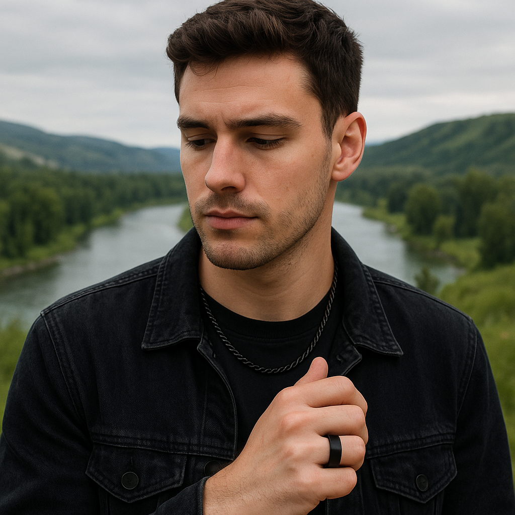 The Axis Spinner – Flat Steel Spinner Ring-Engineered for focus and style—Axis Spinner Ring. 8mm brushed steel band with free-spinning outer ring. Bold design with calming motion. Shop now.