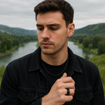 The Axis Spinner – Flat Steel Spinner Ring-Engineered for focus and style—Axis Spinner Ring. 8mm brushed steel band with free-spinning outer ring. Bold design with calming motion. Shop now.