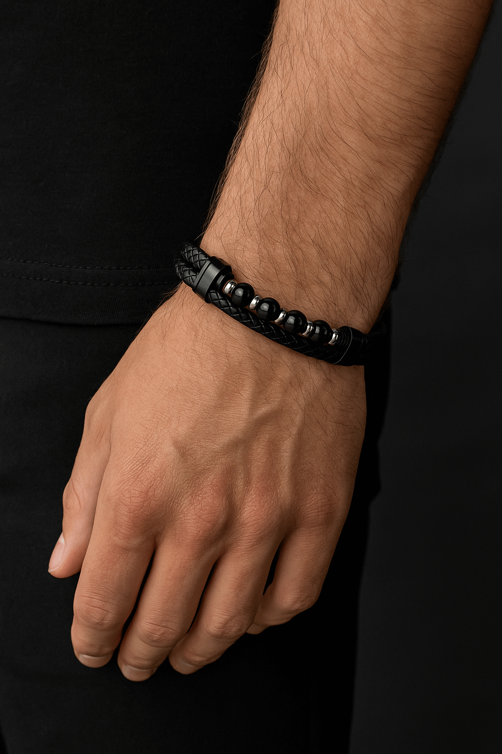 Pathfinder Leather & Stone Bracelet-Forge your path with the Pathfinder Bracelet — rugged stone beads, braided leather, and a secure steel clasp. Bold colorways and sizes to suit your style.