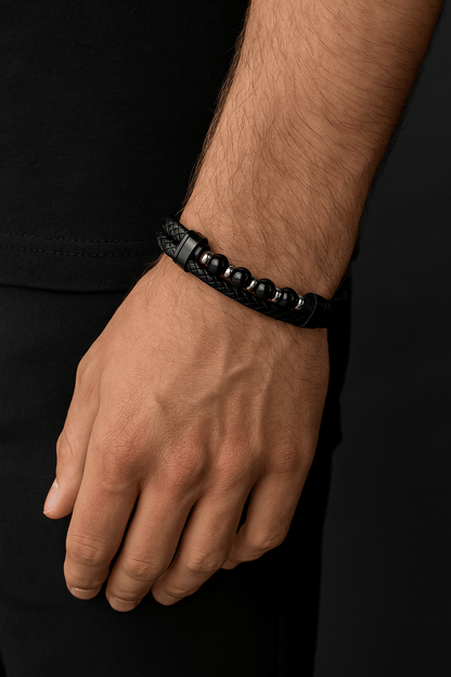 Pathfinder Leather & Stone Bracelet-Forge your path with the Pathfinder Bracelet — rugged stone beads, braided leather, and a secure steel clasp. Bold colorways and sizes to suit your style.