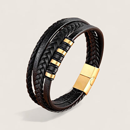 The IronPattern – Leather & Steel Bracelet-Triple-layer leather with a bold steel centerpiece. Rugged texture meets modern precision. Forge your look.