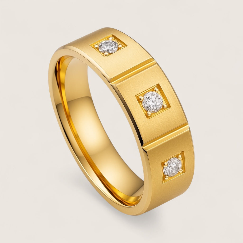 The Vault – 8mm Geometric CZ Stainless Steel Ring-Explore The Vault—an 8mm stainless steel ring with bold cubic zirconia accents and architectural design. Available in polished steel or gold-plated finish.