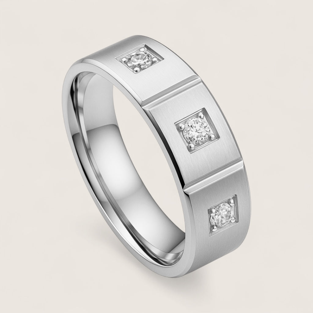 The Vault – 8mm Geometric CZ Stainless Steel Ring-Explore The Vault—an 8mm stainless steel ring with bold cubic zirconia accents and architectural design. Available in polished steel or gold-plated finish.