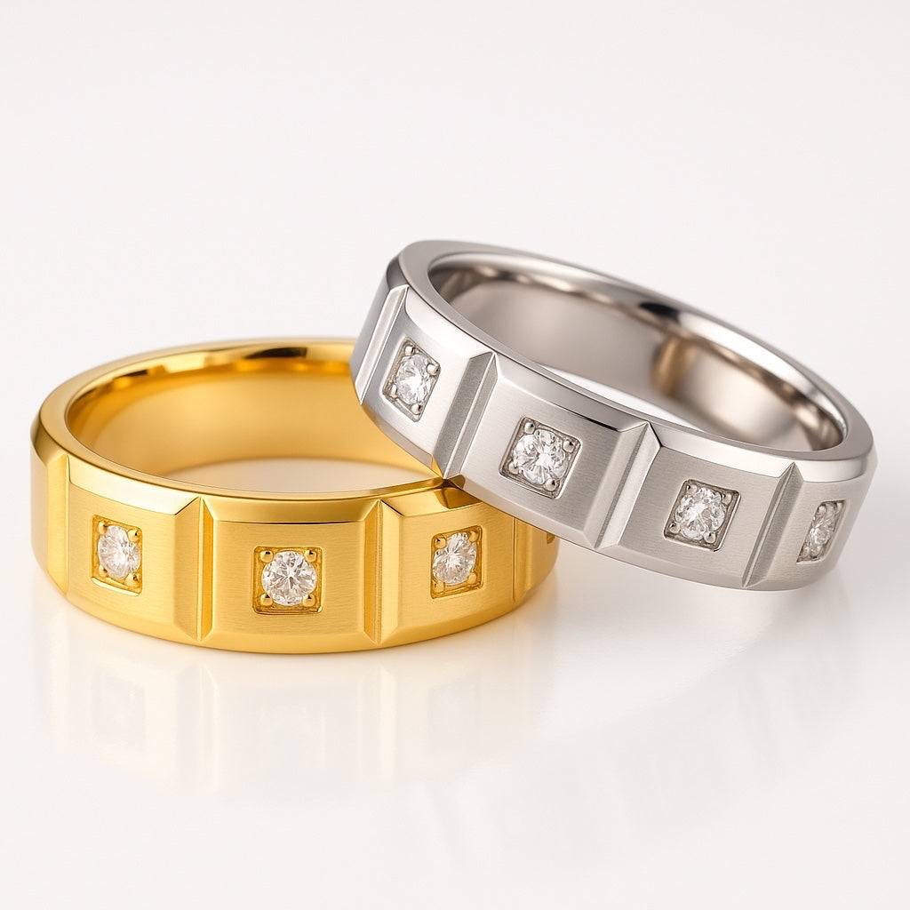 The Vault – 8mm Geometric CZ Stainless Steel Ring-Explore The Vault—an 8mm stainless steel ring with bold cubic zirconia accents and architectural design. Available in polished steel or gold-plated finish.