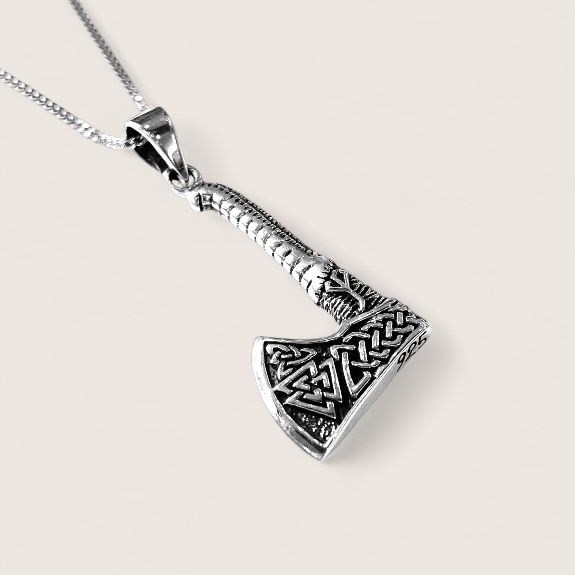 Runeblade - Axe Pendant Necklace-Runeblade Viking Axe Pendant — a symbol of courage and Norse heritage. Solid sterling silver with knotwork and Valknut, honoring Odin and the warrior’s path.