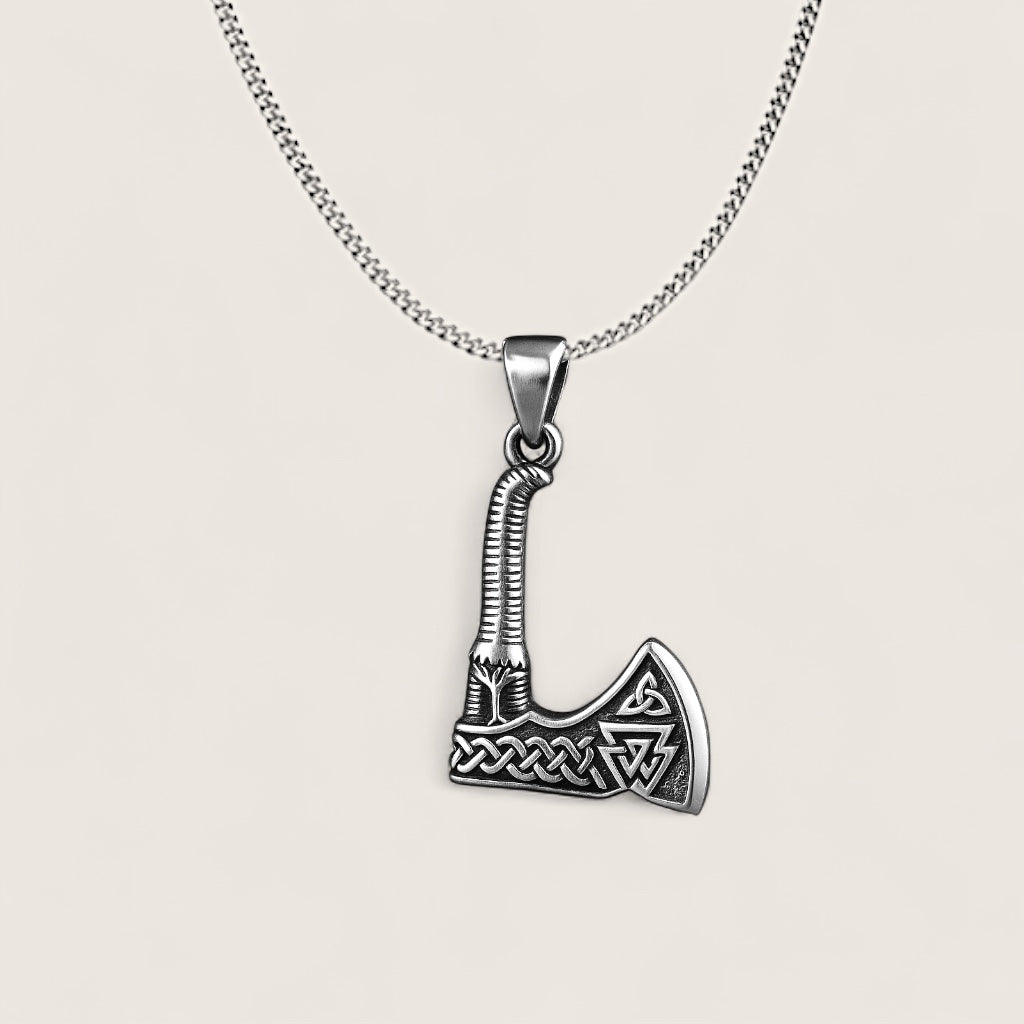 Runeblade - Axe Pendant Necklace-Runeblade Viking Axe Pendant — a symbol of courage and Norse heritage. Solid sterling silver with knotwork and Valknut, honoring Odin and the warrior’s path.